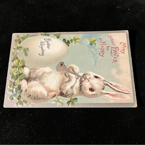 Vtg 1918 Postcard Anthropomorphic Easter Bunny Playing Horn Egg Clover Embossed - Picture 7 of 9